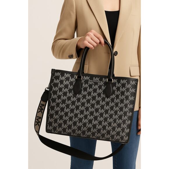 Michael Kors Jet Set Large Tote Bag Black MK Logo Sparkle Shoulder Purse - Picture 1 of 7